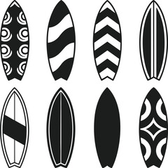 Surfboard Silhouettes Set – Black Vector Collection with Unique Patterns