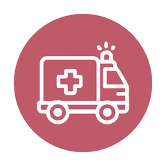 Cartoon ambulance symbol in maroon circle. Icon symbol illustration