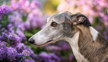 Adorable Young Greyhound Dog Amidst Purple Blooming Flowers Outdoors, Embracing Serene Tranquility and Joyful Playfulness