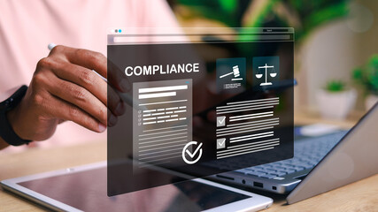 Digital compliance interface showing checklist, legal icons, and document validation on tablet...