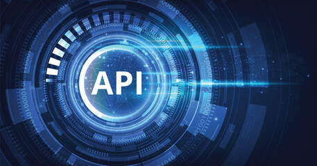 Application Programming Interface (API). Software development tools, information technology, modern technology, internet, and networking concepts on a dark blue background.	