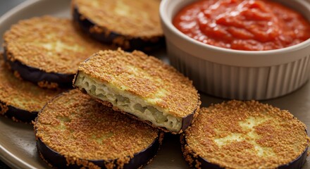 Crispy golden eggplant slices served with rich marinara sauce in a clean bowl on a stylish plate, perfect for appetizers and side dishes.