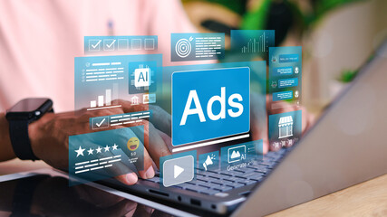 Digital advertising interface on laptop with AI-generated content, analytics charts, chatbot, and...
