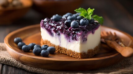 Blueberry Cheesecake Slice with Fresh Berries and Mint Garnish