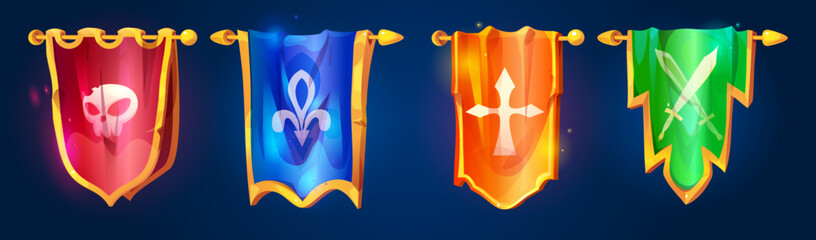 Medieval game flags on golden poles - green crossed swords banner, orange cross emblem, red skull pennant, blue fleur de lis standard. Magical fantasy kingdom banners with tassels rpg castle adventure