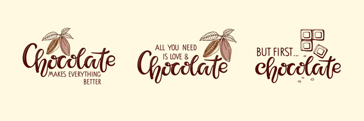 Fototapeta premium Chocolate hand lettering quotes set. Chocolate day cards. Handwritten Script lettering. Happy Chocolate Day typography vector illustration for world chocolate Day poster, banner, sticker, logo, Card.