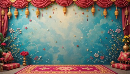 Ornate, decorative backdrop scene with floral and cloud designs.