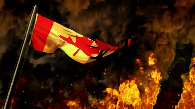 waving Canada flag on burning fire bg - catastrophe concept