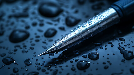 Close up of metallic pen resting on wet surface, showcasing droplets of water on both pen and background. scene conveys sense of calm and sophistication