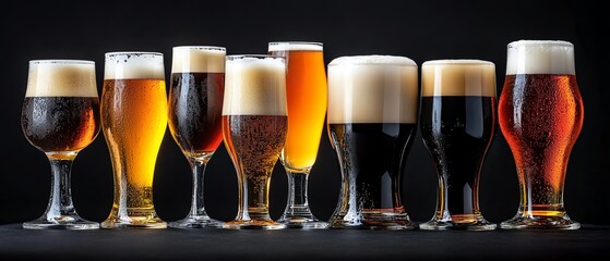 Variety of beer glasses with different colors.
