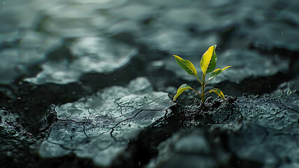 Vibrant green sprout emerges from cracked, dry soil, symbolizing resilience and hope harsh environment. delicate leaves glisten with moisture, showcasing nature ability to thrive despite adversity
