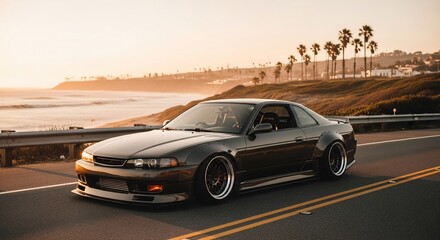 Modified dark gray coupe parked on coastal road at sunset with palm trees