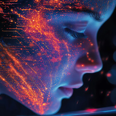 Image features side view of face illuminated by vibrant, glowing patterns resembling digital circuitry, suggesting connection to technology and innovation. expression conveys sense of wonder