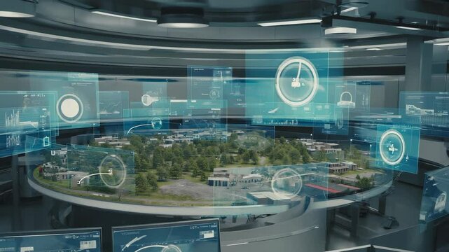 Operators analyze the urban traffic grid using a cutting-edge AR interface, visualizing real-time carbon impact metrics for each transportation route within the smart city environment