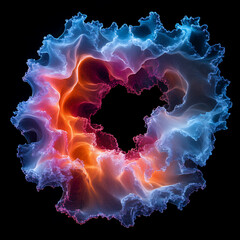 Vibrant abstract design featuring swirling colors of blue, orange, and purple, creating mesmerizing circular pattern. fluid shapes evoke sense of movement and energy, captivating viewer attention