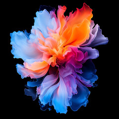Vibrant and colorful abstract flower design featuring swirling petals in shades of blue, orange, and pink against black background, evoking sense of beauty and creativity