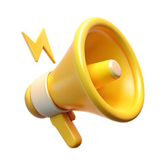 Vibrant 3d illustration of a yellow megaphone with a lightning bolt symbol for communication
