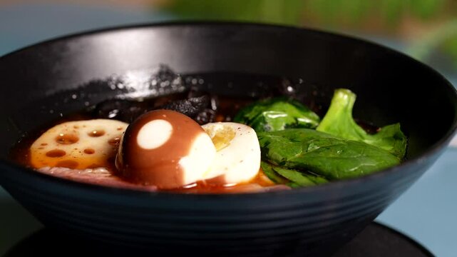 Wide shot of ramen bowl with soy-marinated egg, lotus root, spinach, and dark mushrooms in broth.
