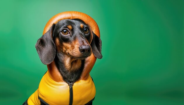 Playful Dachshund in Hot Dog Costume Amidst a Lively Green Backdrop, Celebrating a Whimsical Mood and Exuding Joy