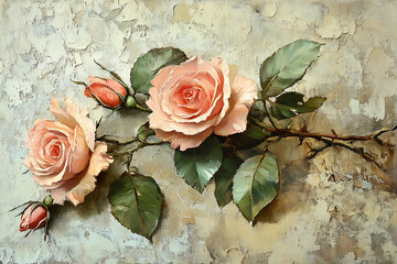 Beautiful pink roses with delicate petals and lush green leaves are depicted against textured, muted background, creating vintage floral still life that evokes sense of elegance and nostalgia