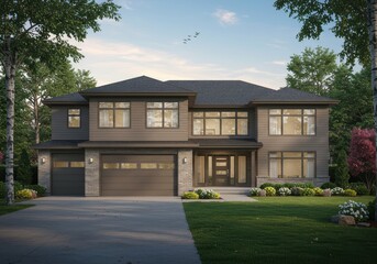 Modern two story house with garage and lawn in residential neighborhood