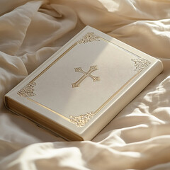 Elegant wedding hymn book cover design featuring beige color palette with intricate gold detailing. This beautiful book rests on soft, draped fabric, evoking sense of warmth and celebration