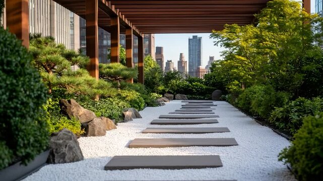 Urban oasis rooftop garden with stone pathway and city view