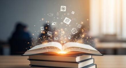 Open Book with Glowing Icons and Light Representing Knowledge and Learning