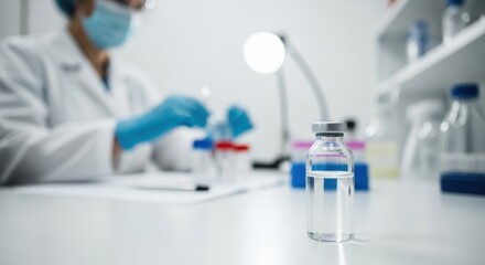 Clear vial with liquid on white table in research laboratory. Female scientist working in background. Vaccine development concept for medical and pharmaceutical.