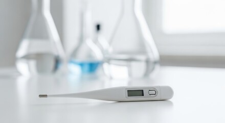 Digital thermometer on a table in a medical laboratory with glassware in the background. Sickness diagnosis concept with copy space.