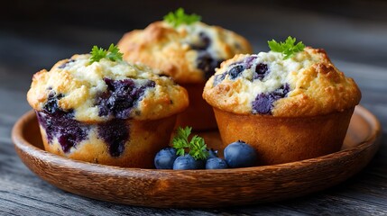 Fototapeta premium Fresh Blueberry Muffins with Herbs on a Wooden Plate