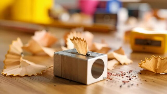 Closeup of a metallic pencil sharpener with shavings on wooden table surface, and colorful pencil cases in background