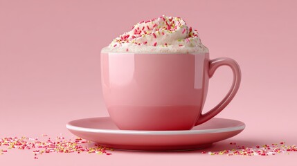 Pink cup filled with whipped cream and colorful sprinkles, placed on matching saucer, against a soft pink background, creating a delightful and inviting dessert scene for food enthusiasts and photogra