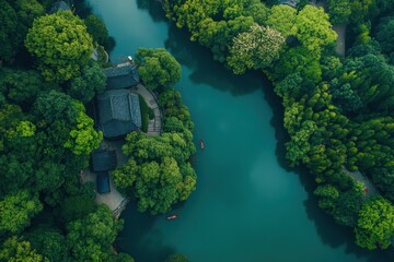 Naklejka premium Exploring the captivating landscapes of Guilin from above featuring lush greenery and tranquil waterways during a serene afternoon