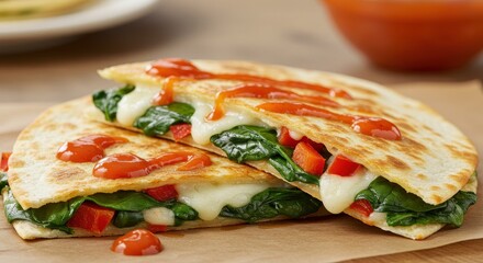 Delicious vegetarian quesadilla with fresh spinach, bell peppers, melted cheese, and ketchup drizzle on a wooden plate, inviting and vibrant meal option