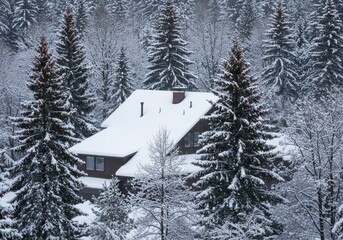 House nestled among snow covered trees in winter forest, roof covered in snow