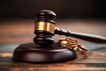 Divorce proceedings highlighted by a judge gavel and two wedding rings on a wooden surface in a courtroom setting