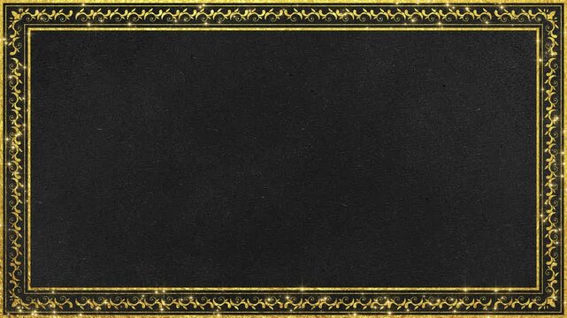 abstract golden floral border frame on black paper texture with glitter stars animation, oriental decorative frame,ornamental luxury social media motion background	