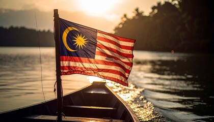 The Malaysian flag flying high as a boat cruises peacefully on the water