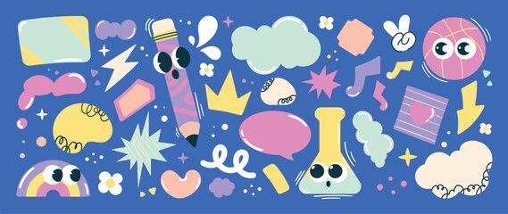 Fototapeta na wymiar Welcome Back to School funky element vector set. Collection of cartoon characters, cute doodle dawn, Speech bubble, pencil, test tube, post it. Design for education, prints, decorative, kids, sticker.