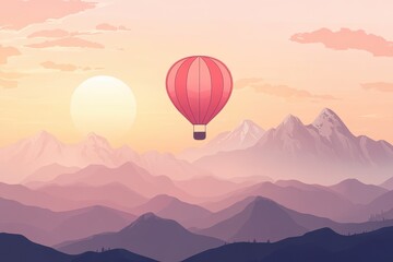 Fototapeta premium Red hot air balloon gracefully ascends over majestic mountain range during sunset, showcasing stunning hues in the sky and captivating landscape