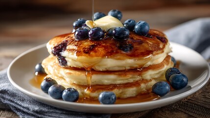 Stack of Fluffy Pancakes Topped with Blueberries and Drizzled with Syrup