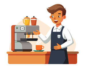 vector of a barista preparing espresso at coffee machine, smiling, cafe-style uniform, isolated on white
