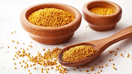 Close up shot of raw mustard seeds in wooden bowls and spoon on white surface