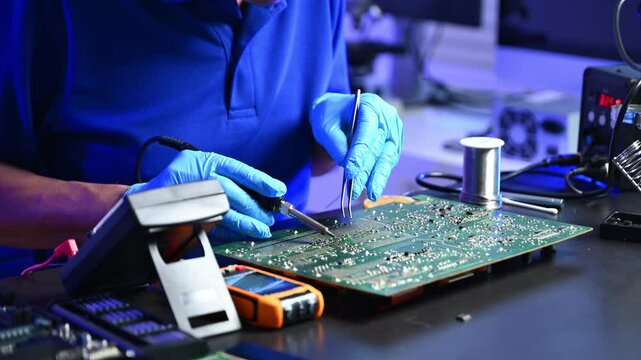 Closeup of expert soldering a green PCB board using precision tools. Ideal for electronics, circuit repair, engineering, tech