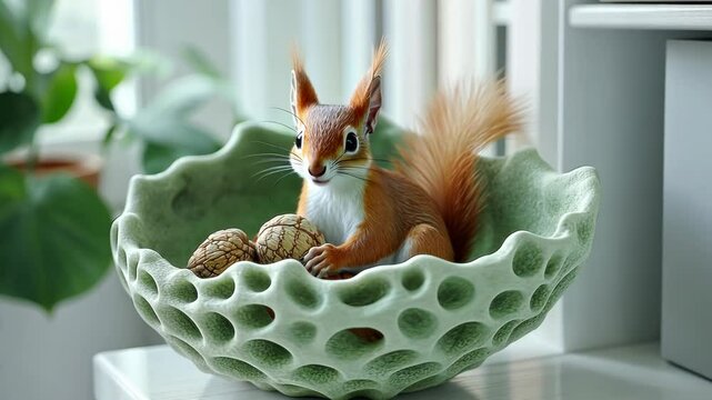 A small red squirrel nestled in a textured, light-green bowl filled with nuts