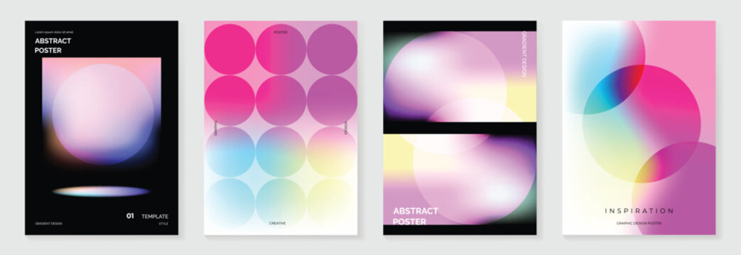 Modern gradient poster background vector set. Cover template with vibrant perspective geometric prism shapes, mountain, moon, sun. Ideal design for social media, cover, banner, flyer.