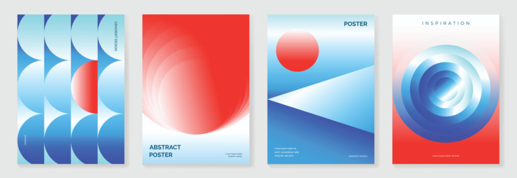 Modern gradient poster background vector set. Cover template with vibrant perspective geometric prism shapes, mountain, moon, sun. Ideal design for social media, cover, banner, flyer.