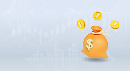 3D pouch Money bag and gold coins, Business and finance concept. Loan, invest plan poster, deposit and profit