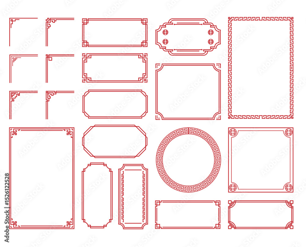 Poster chinese frame corner ornament vector set. decorative elements with line, corner, borders, frames, he